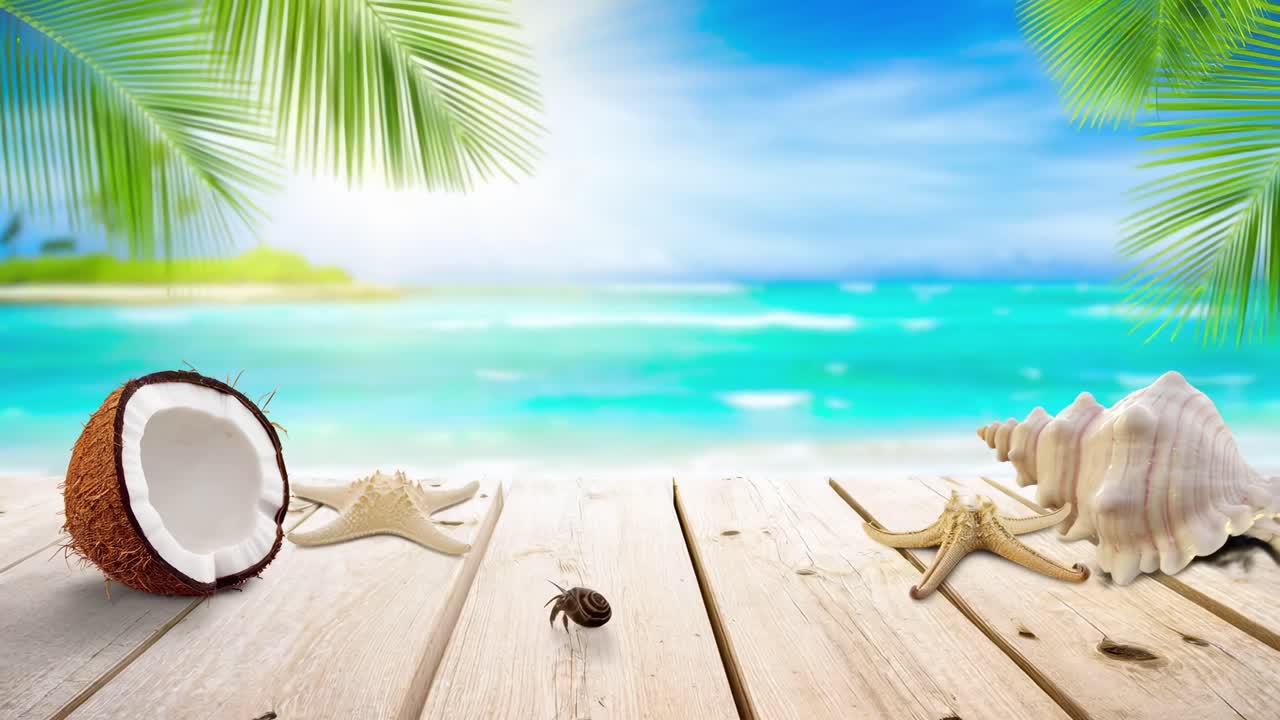 Escena de playa tropical con conchas y un coco sobre tablones de madera, tomada desde un ángulo bajo ideal.