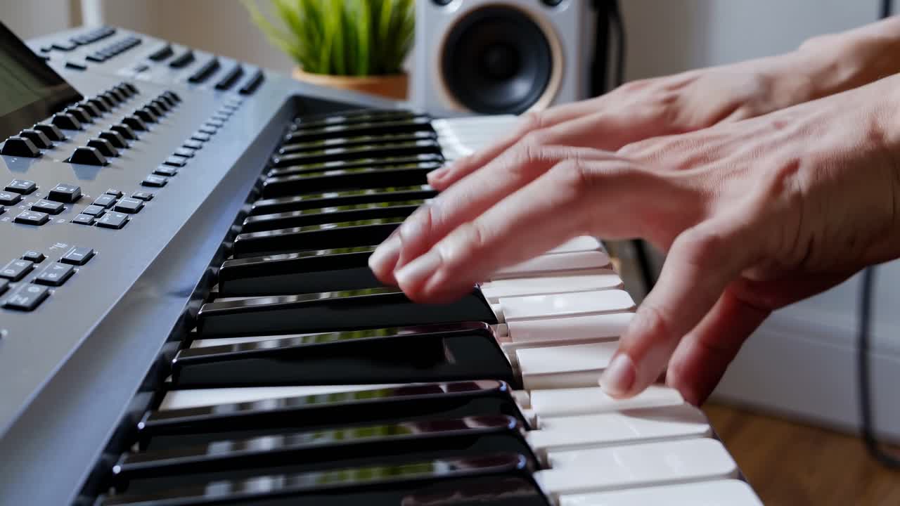 Angolazione ravvicinata di una tastiera con un altoparlante e una pianta sullo sfondo, che cattura un'atmosfera musicale creativa.