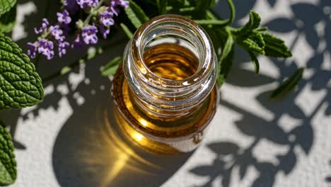 Top-down view of a glass bottle with golden liquid, surrounded by mint and lavender