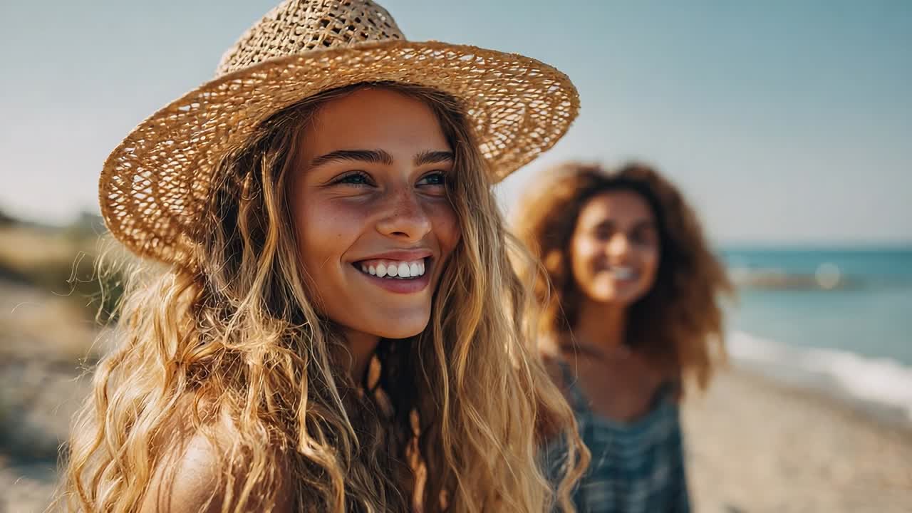Friends enjoying a sunny day at the beach with laughter and joy