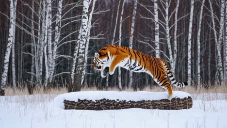 tiger jumping over snowy log in winter birch forest