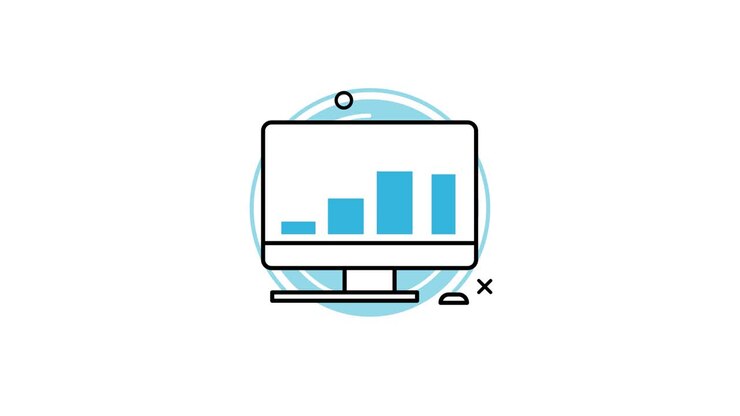 A computer monitor in the center of the screen through morphing. Tinsel and geometric elements move across the screen: circle, lines, plus sign. The bar graph grows. 2d animated electronic device.