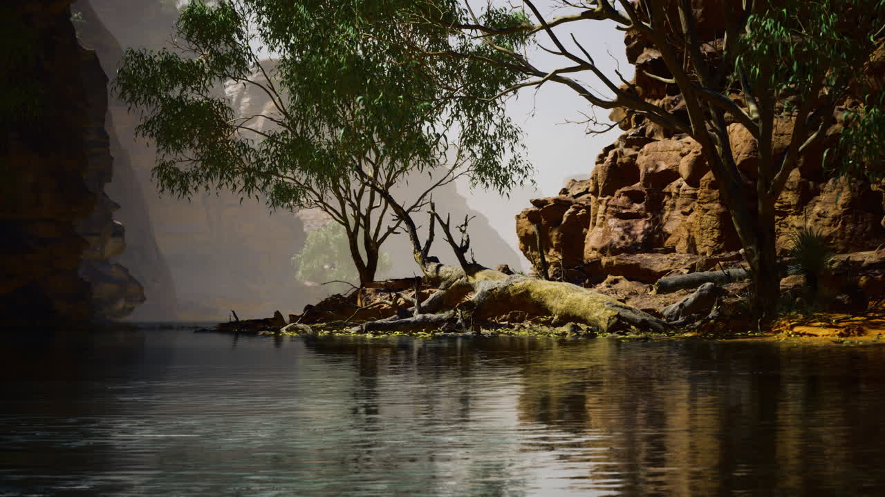 Serenity of a secluded riverbank surrounded by rugged cliffs and greenery