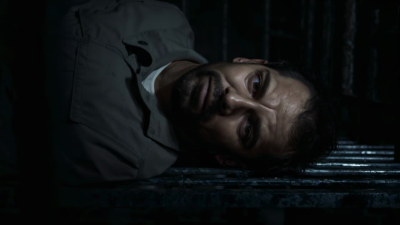 Beam hitting face, man opening eyes and frowning on metal grate, wearing light shirt and undershirt