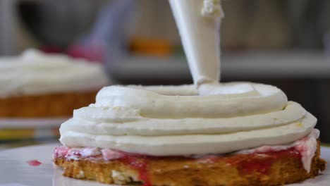 making a delicious layered cake with whipped cream