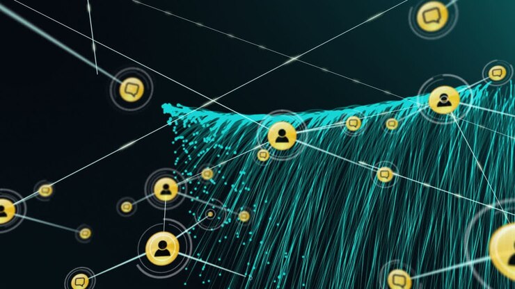 Animation of network of connections with digital icons over green light trails