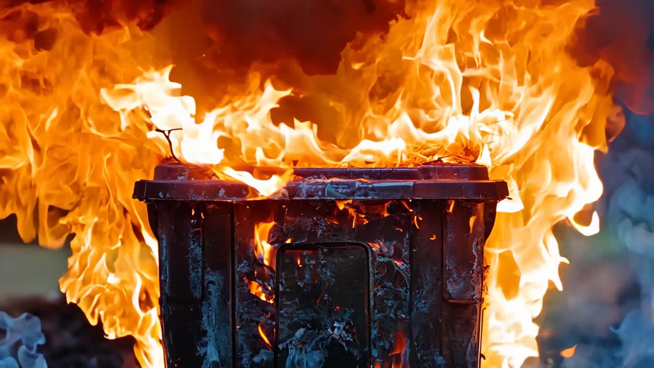 A trash can is on fire, with flames shooting out of it. The scene is chaotic and dangerous, with the fire spreading quickly and potentially causing harm to anyone nearby