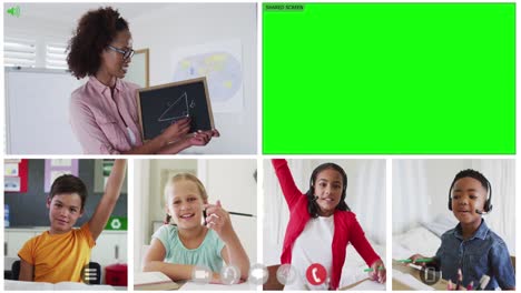 Animation-of-video-call-with-green-screen,-diverse-teacher-and-four-children-in-online-lesson