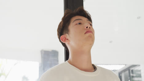 아시안 남성 십대가 창문에 기대어 거실에서 생각하고 있습니다.