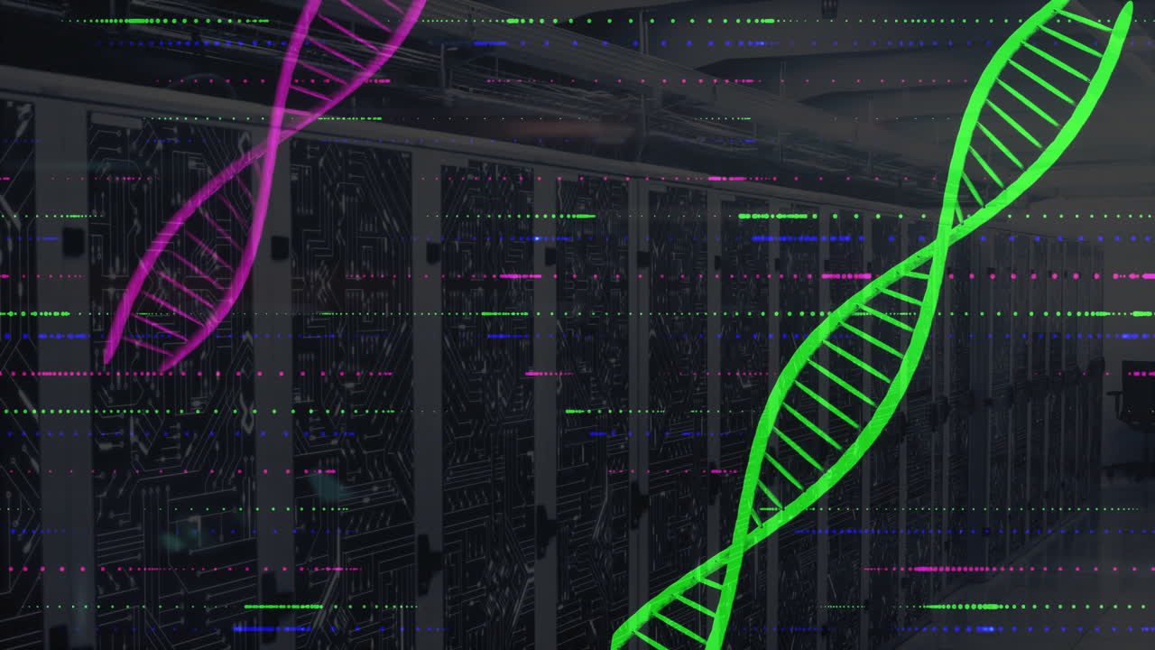 Neon DNA double helix animating above server racks, showing circuit panels and data streams