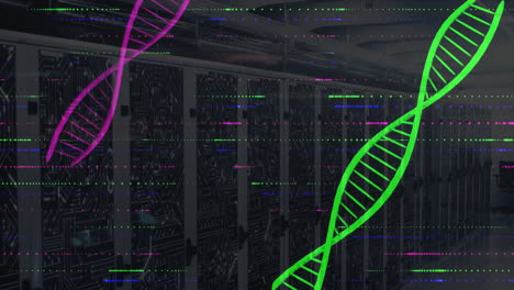 Neon DNA double helix animating above server racks, showing circuit panels and data streams