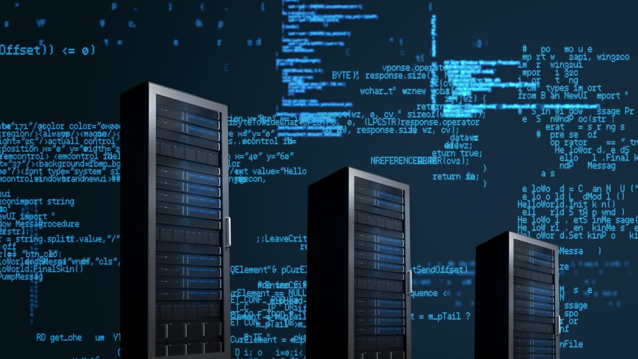 servidores e dados com linhas de código azuis