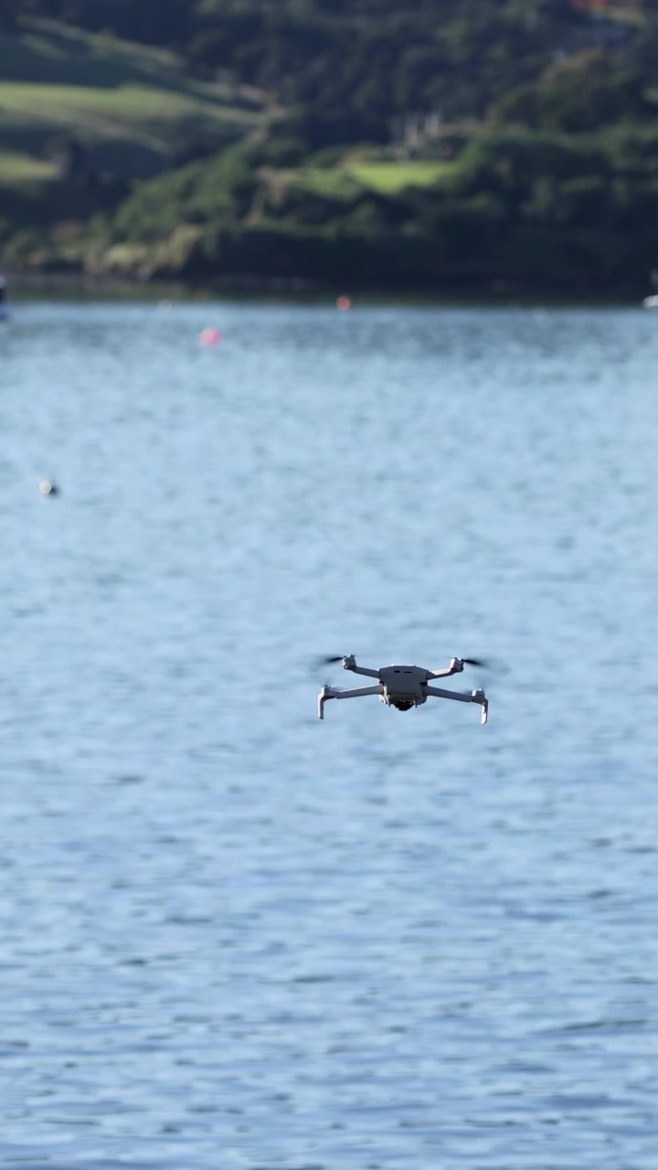 Un drone sorvola un lago tranquillo circondato da una vegetazione lussureggiante, ripreso in pieno giorno con un movimento di telecamera fluido.