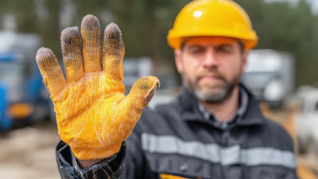 Construction Worker Signals with Work Glove Raised, showcasing Safety and Professionalism in Heavy Machinery Environment