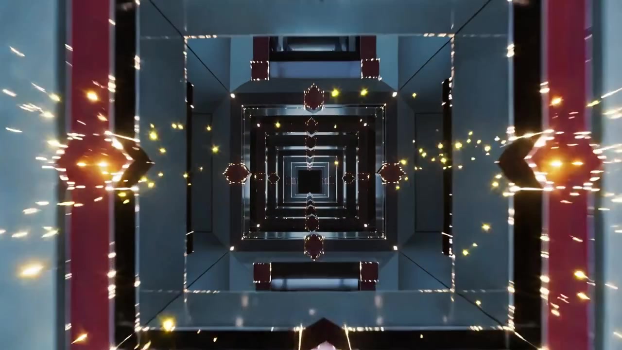 Rotating viewpoint moving repeating square tunnel inward in atrium, with red nodes, deepening