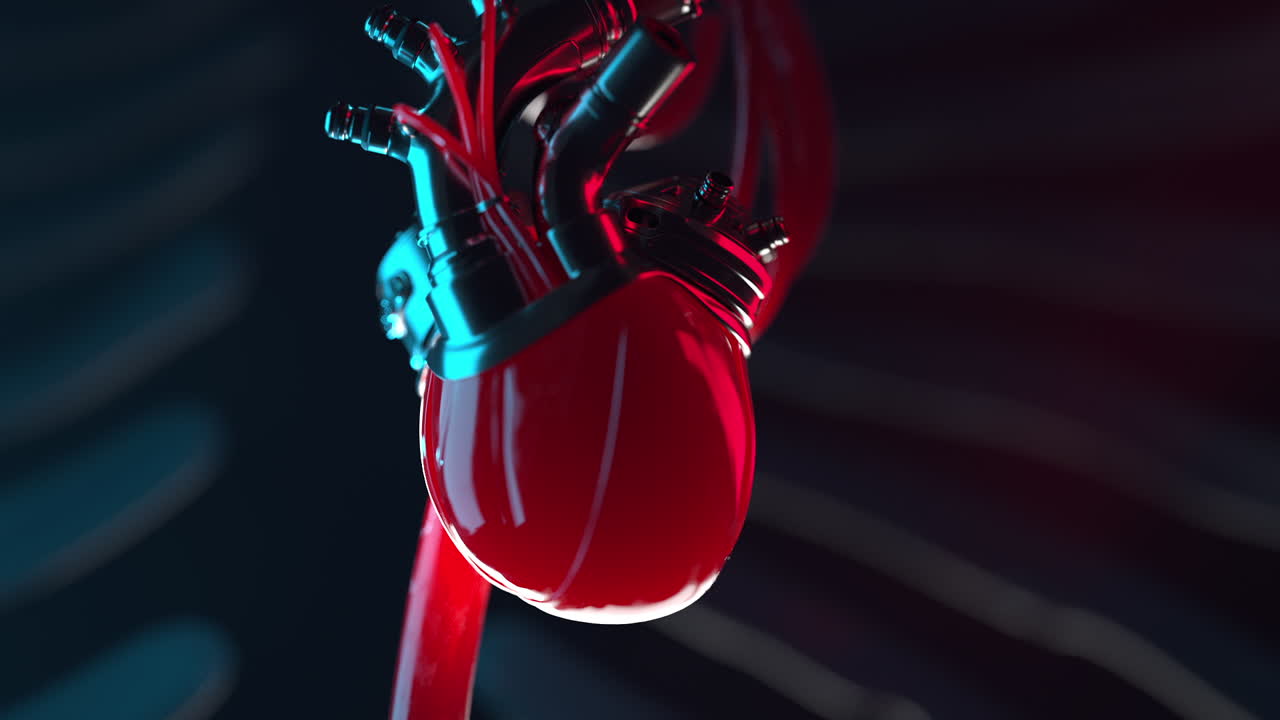 3D Render of a Pulsating Human Heart with Cybernetic Details