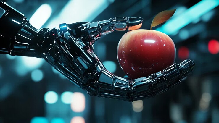 La mano del robot che tiene una mela