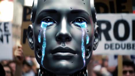 a emotionally expressive robot depicting tears amidst a crowd: a commentary on human-robot interaction and societal perspectives on technology