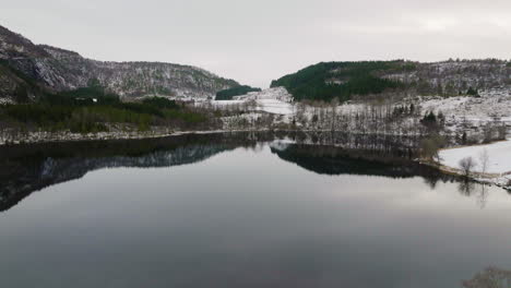 cinematic aerial shot flying over a lake and mountain in norway