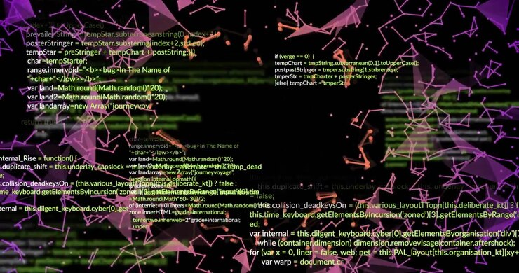 Schermata iniziale che mostra nodi arancioni in crescita e codice verde che scorre, formando una rete cibernetica