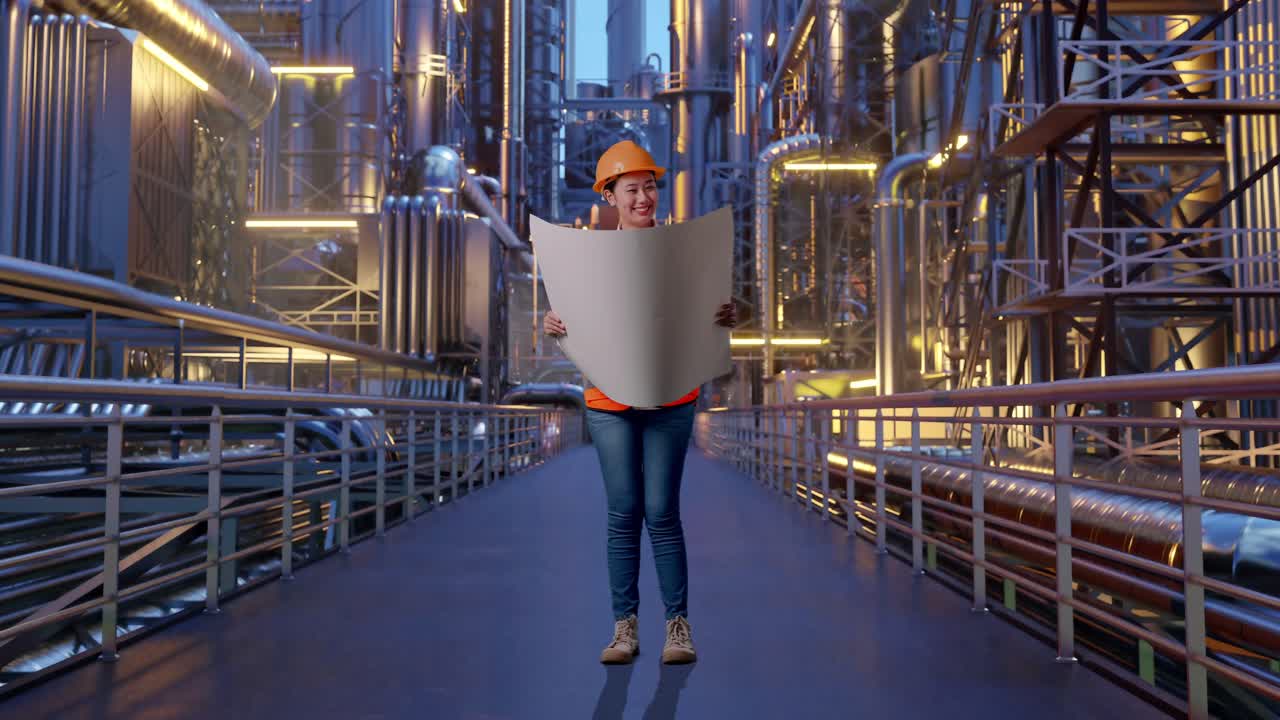 Full Body Of Asian Female Engineer With Safety Helmet Looking At Blueprint In Her Hands And Looking Around While Standing At A Vast Oil Refinery