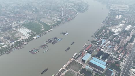 drone aerial view of industrial area with oil tank and factories