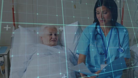 animación del procesamiento de datos sobre una mujer médica con un paciente mayor