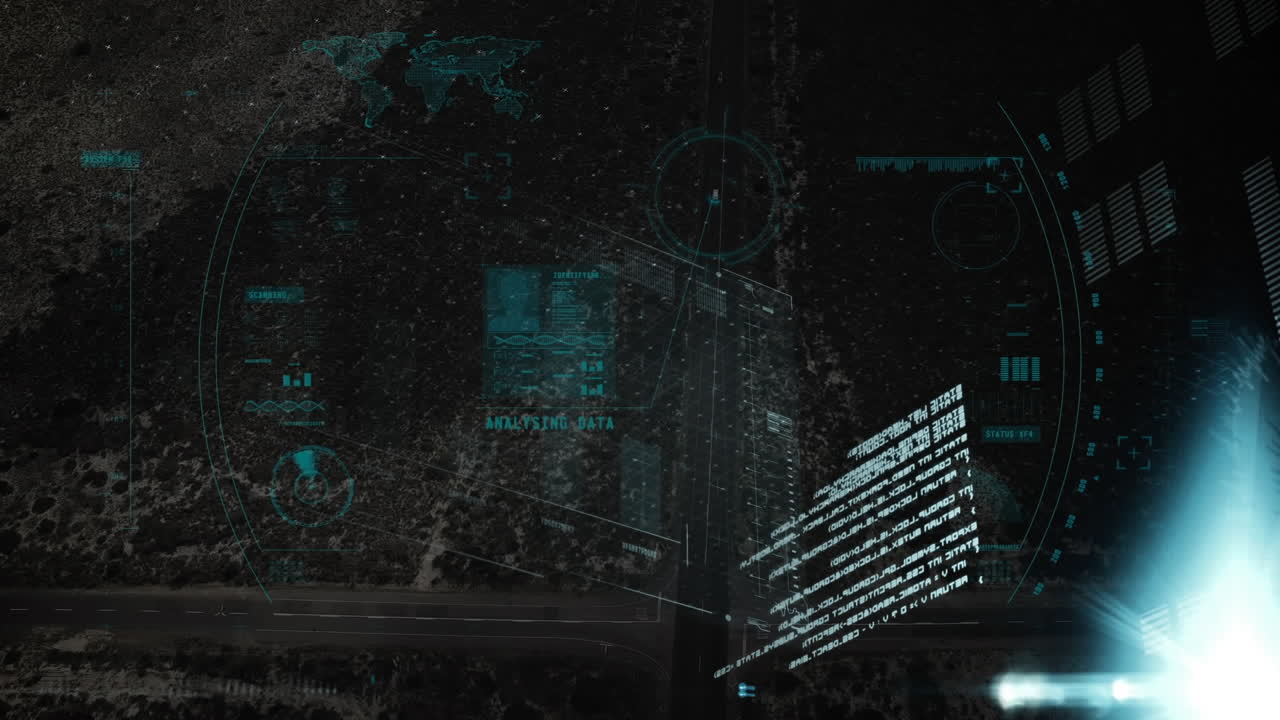 Animation of data processing on screen over cityscape