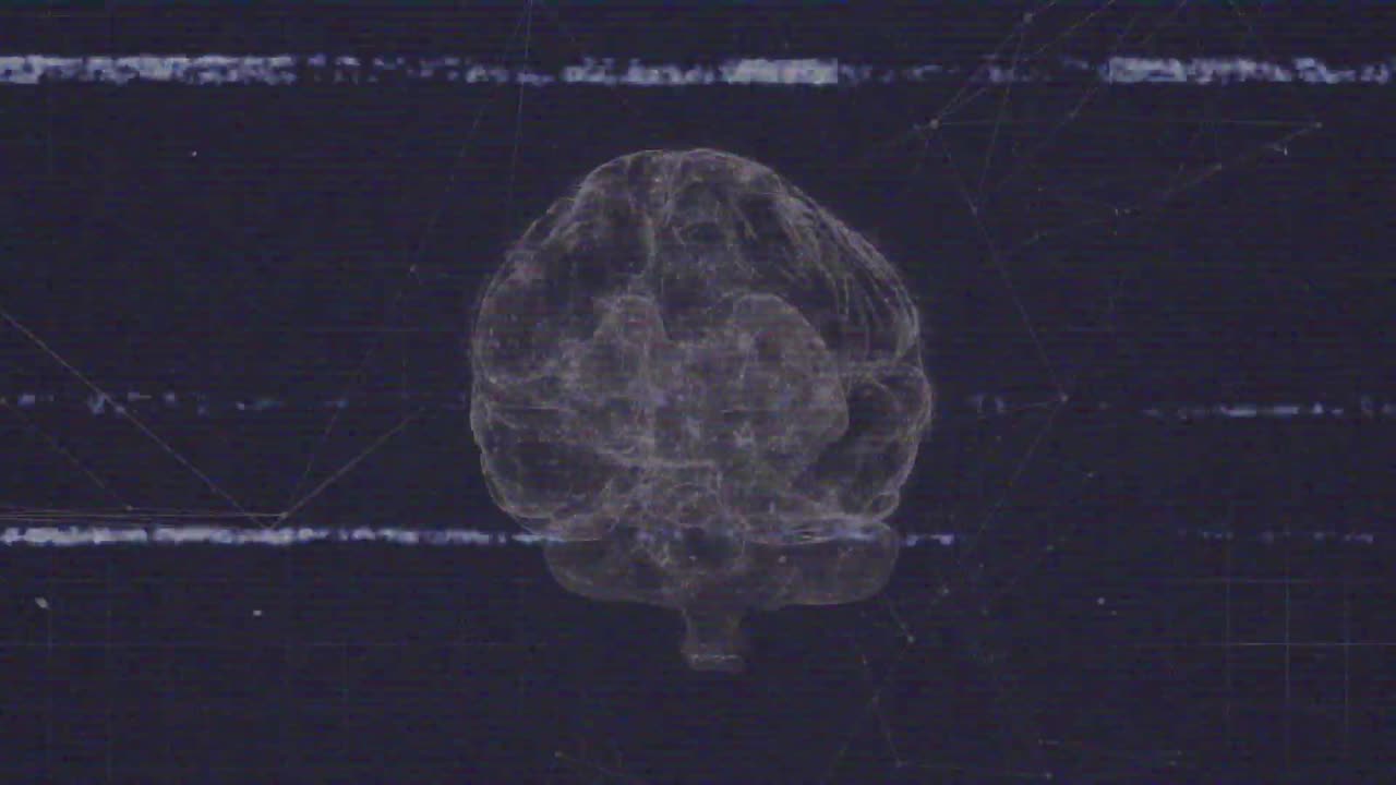 On start 3D brain model materializing, rotating while glitch bands sweeping, revealing network