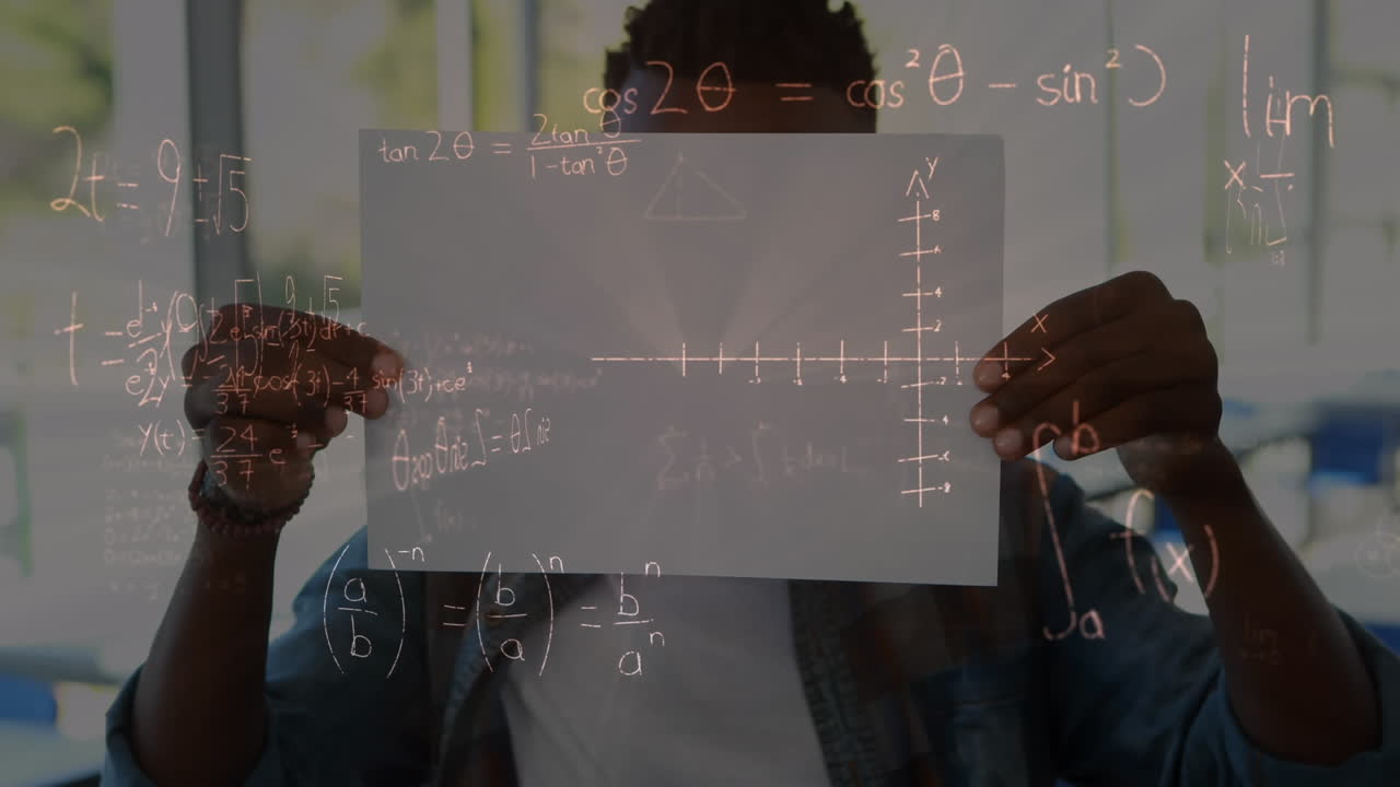 Mathematical equations floating against african american boy holding a paper at elementary school