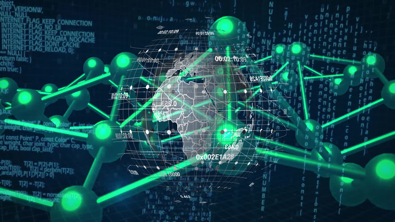 animación del procesamiento de datos y la red de conexiones en todo el mundo sobre fondo negro