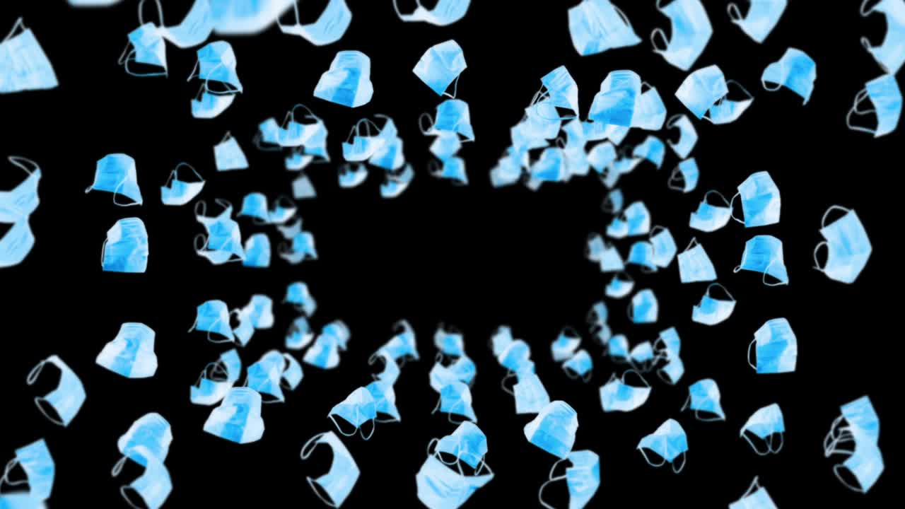 검은 바탕에 많은 파란 마스크를 날아. 의료 개념. 수술 보호 마스크. 마스크 회전의 3d 애니메이션. 루프 애니메이션.