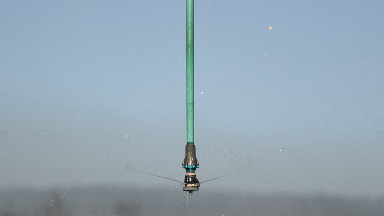Single irrigation sprinkler nozzle spraying water, with copy space sky