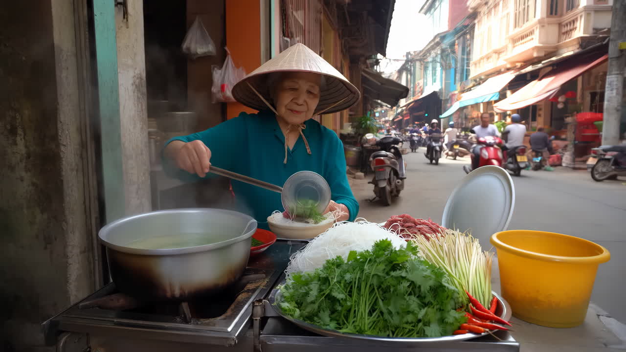 Elderly Vietnamese woman preparing traditional street food