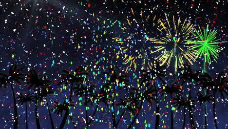 animación de confeti multicolor y fuegos artificiales sobre palmeras