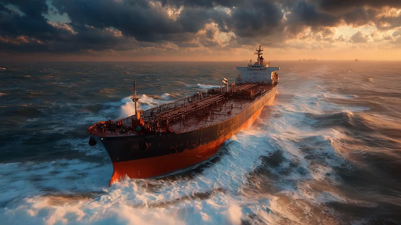 Um majestoso navio de carga navega por ondas turbulentas sob um céu dramático, demonstrando o poder da engenharia marítima e a beleza da natureza durante o pôr do sol