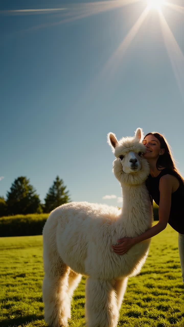 Woman hugging a fluffy white alpaca in a sunny field
