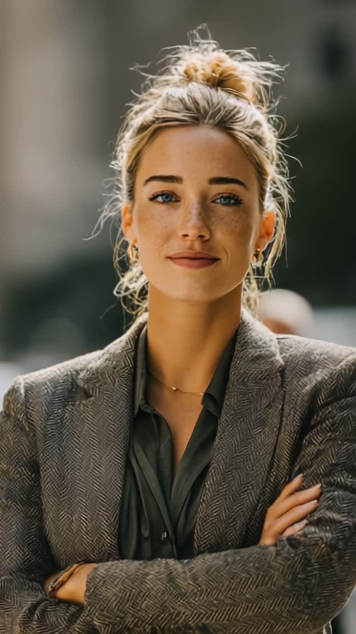 Uma mulher profissional confiante exalando compostura e estilo, capturada em dois quadros que mostram seu carisma e elegância em um blazer elegante.