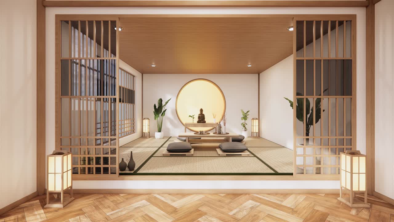 원형 창문으로 된 실내, 방의 나무 디자인 아이디어, 일본과 타타미 매트, 3d 렌더링
