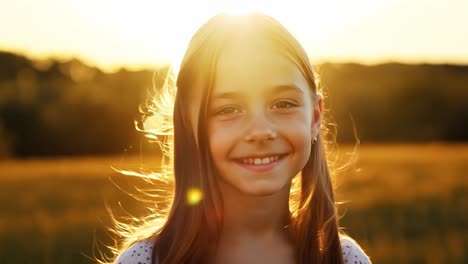 a young girl smiles happily in a field at sunset.