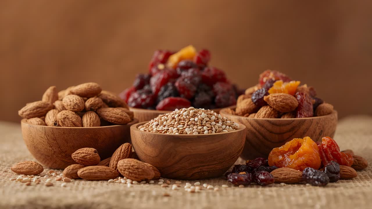 Moving camera toward three wooden bowls on burlap mat, showing almonds, grain, dried fruit textures