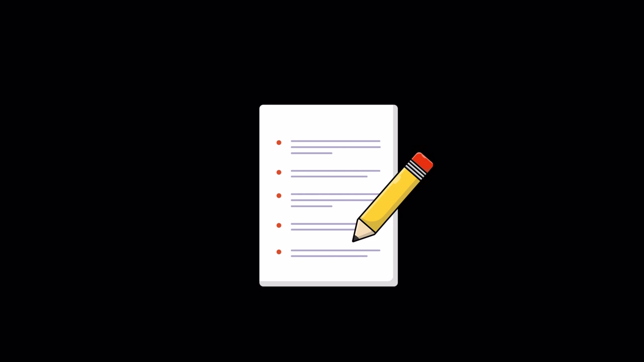 Illustrazione animata di una matita che scrive su carta con punti elenco