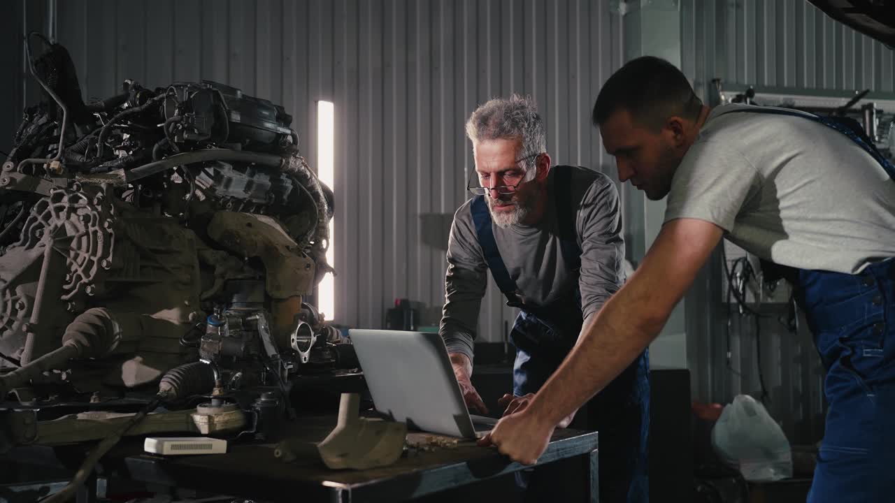 Auto Mechanics Inspecting a Car Engine Using Laptop