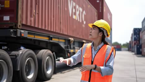 female worker in safety gear directs cargo operations at shipping yard, showcasing effective communication and industry expertise