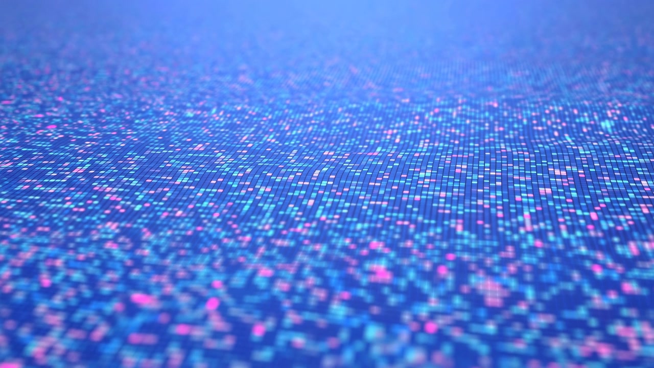 Glowing Pixelated Digital Surface With Bokeh, Endless Micro Dot Grid In Cool Blue And Magenta Tones, Shallow