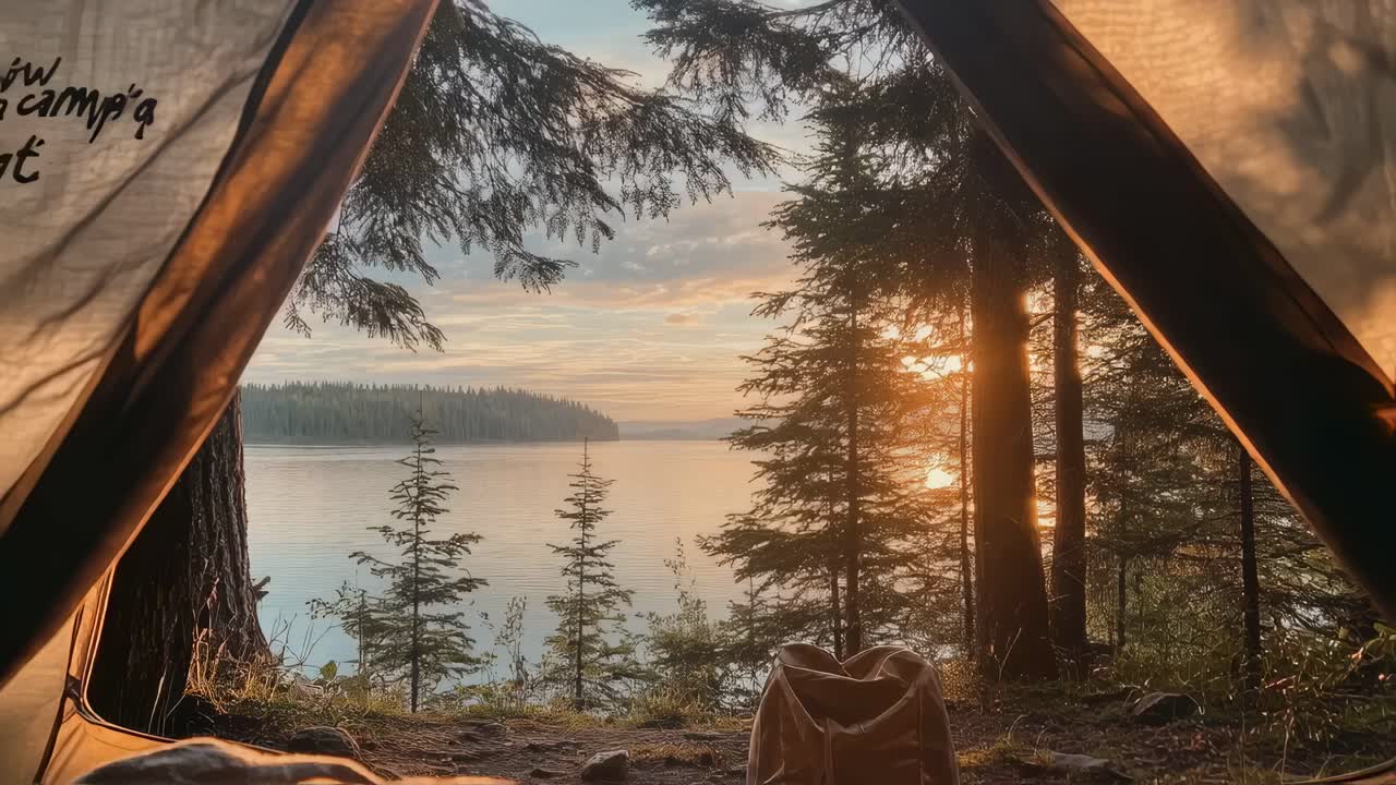Sunrise or Sunset View from a Tent by the Lake