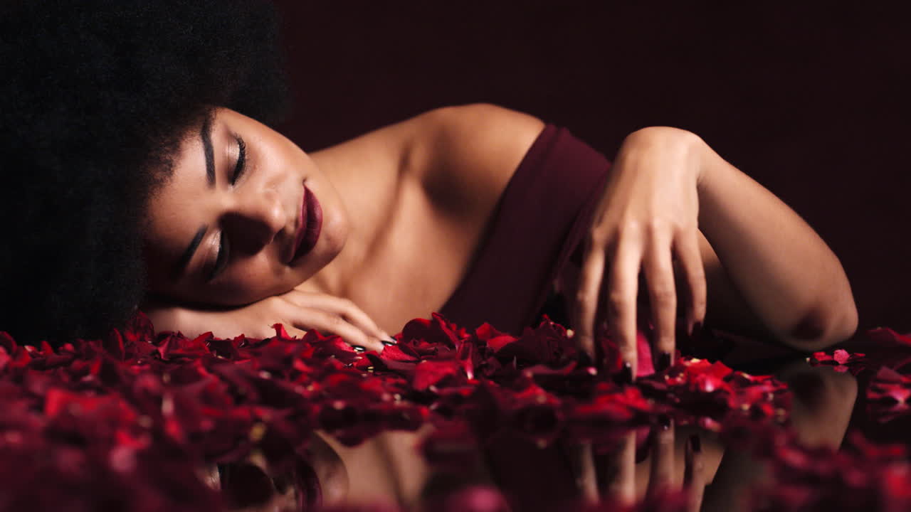 Rose petals, black woman and sexy female with love