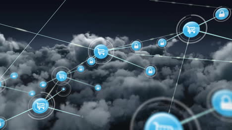 animación de iconos conectados con líneas sobre vista aérea de densas nubes de trueno en el cielo