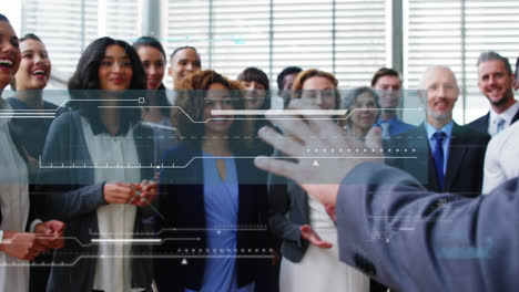 Animation-of-happy-diverse-male-and-female-business-colleagues-clapping-hands-in-office