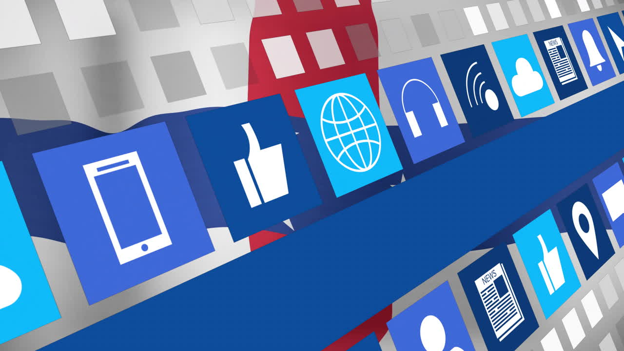 Animation of digital icons like smartphone, thumbs up, and globe on blue squares